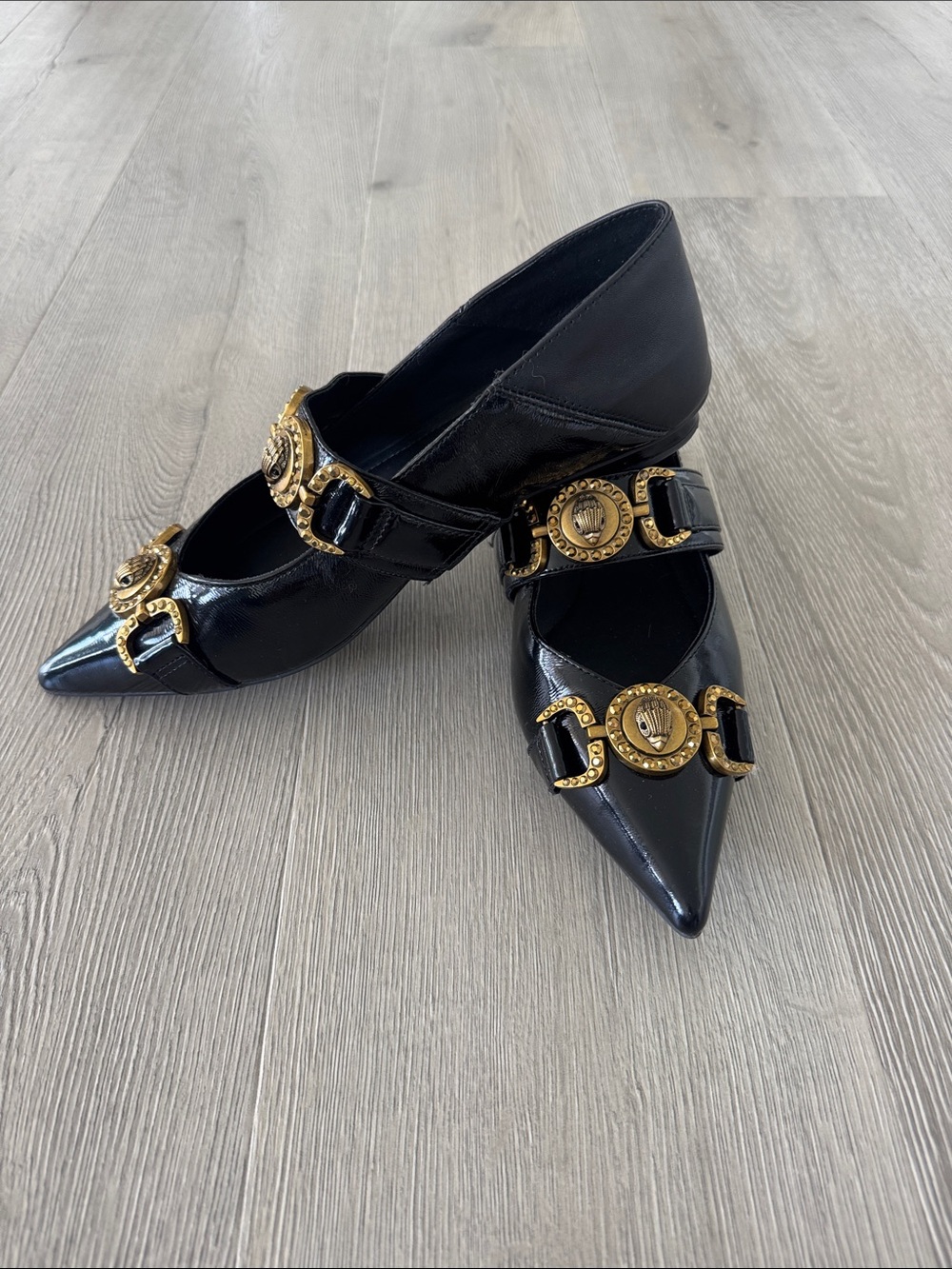 Kurt Geiger Black Patent Pointed Flats with Gold Medallion Accents - Picture 2 of 8